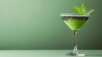 Rare cocktail with black sesame and matcha, creamy texture with layers of green and grey, served in a minimalist glass against a gradient background from soft green to charcoal grey photo