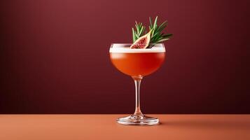 Rare smoked rosemary bourbon cocktail with fig syrup, garnished with a caramelized fig slice and fresh rosemary, deep tones against a gradient background from rich brown to burgundy photo