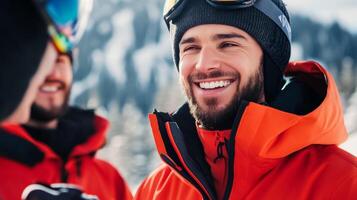 Rental shop workers in branded jackets adjusting ski boots and snowboards for customers cheerful faces chatting while assisting in a rustic resort setting lively winter vibe photo