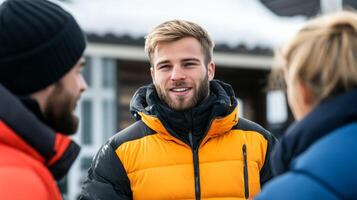 Rental shop workers in branded jackets adjusting ski boots and snowboards for customers cheerful faces chatting while assisting in a rustic resort setting lively winter vibe photo