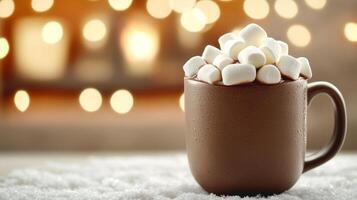 Rich hot cocoa with marshmallows melting on top, served in a rustic mug, winter scene with snow covered window, warm fireplace glow and soft snowflakes outside photo
