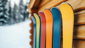 Row of colorful rental skis neatly lined up outside a cozy ski lodge warm wood cabin vibes ready for action snowy slopes in the background photo