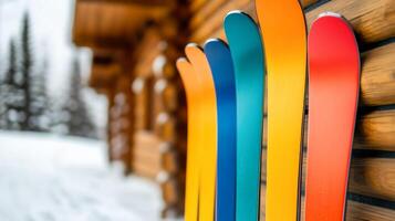 Row of colorful rental skis neatly lined up outside a cozy ski lodge warm wood cabin vibes ready for action snowy slopes in the background photo