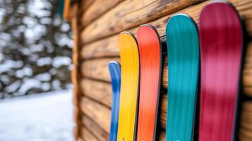 Row of colorful rental skis neatly lined up outside a cozy ski lodge warm wood cabin vibes ready for action snowy slopes in the background photo