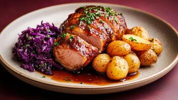 Rustic autumn plate with braised red cabbage, tender pork roast, and crispy potatoes, rich gravy drizzled on top, against a soft gradient background from deep burgundy to amber photo