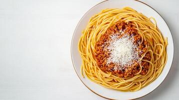 Rustic plate of spaghetti Bolognese with rich tomato sauce and grated Parmesan, styled in a minimalist way with ample white space around the dish for text photo