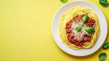Rustic plate of spaghetti Bolognese with rich tomato sauce and grated Parmesan, styled in a minimalist way with ample white space around the dish for text photo