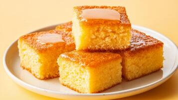 Savory cornbread with a golden crust, served with honey butter, set on a plate against a gradient background from soft golden yellow to warm amber photo