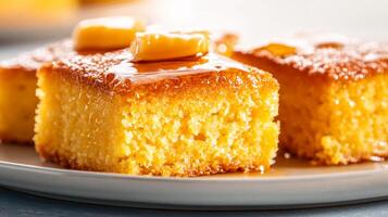 Savory cornbread with a golden crust, served with honey butter, set on a plate against a gradient background from soft golden yellow to warm amber photo