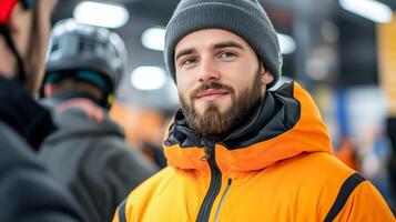 Ski rental personnel assisting customers with fitting helmets and adjusting bindings professional and friendly demeanor in a well lit shop buzzing with activity photo