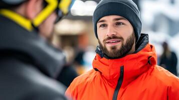 Ski rental personnel assisting customers with fitting helmets and adjusting bindings professional and friendly demeanor in a well lit shop buzzing with activity photo