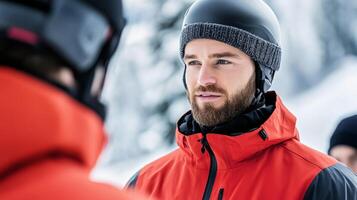 Ski rental personnel assisting customers with fitting helmets and adjusting bindings professional and friendly demeanor in a well lit shop buzzing with activity photo