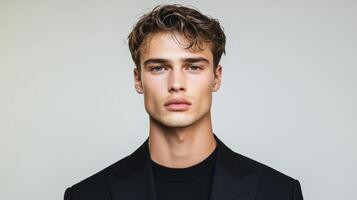 Slender androgynous male model in high fashion attire minimalist runway clean lines sharp cheekbones neutral colors striking an avant garde pose elegant and sleek photo
