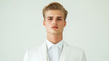 Slender androgynous male model in high fashion attire minimalist runway clean lines sharp cheekbones neutral colors striking an avant garde pose elegant and sleek photo