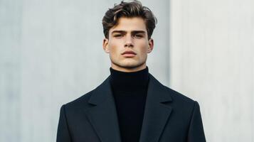 Slender androgynous male model in high fashion attire minimalist runway clean lines sharp cheekbones neutral colors striking an avant garde pose elegant and sleek photo