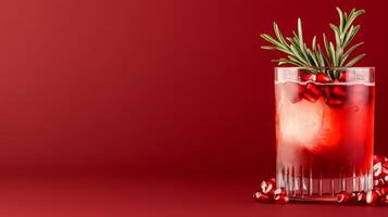 Spiced pomegranate cocktail with gin and tonic, garnished with fresh pomegranate seeds and rosemary, rich colors against a gradient background from dark red to soft gold photo