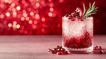 Spiced pomegranate cocktail with gin and tonic, garnished with fresh pomegranate seeds and rosemary, rich colors against a gradient background from dark red to soft gold photo