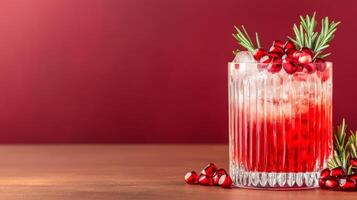 Spiced pomegranate cocktail with gin and tonic, garnished with fresh pomegranate seeds and rosemary, rich colors against a gradient background from dark red to soft gold photo