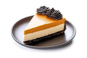 Stylized pumpkin cheesecake slice on a modern plate, isolated on a white background photo