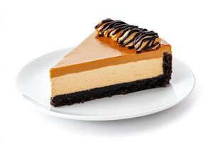 Stylized pumpkin cheesecake slice on a modern plate, isolated on a white background photo