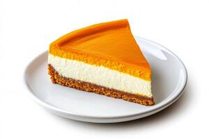 Stylized pumpkin cheesecake slice on a modern plate, isolated on a white background photo