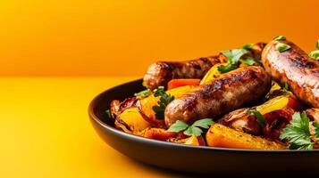 Traditional autumn European dish featuring hearty roasted root vegetables, caramelized onions, and golden brown sausages, all garnished with fresh herbs, on a warm orange to brown gradient background photo