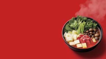 Traditional autumn hot pot with a rich broth, leafy greens, mushrooms, tofu, and thinly sliced meats, steaming against a gradient background from deep red to golden yellow photo
