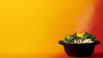 Traditional autumn hot pot with a rich broth, leafy greens, mushrooms, tofu, and thinly sliced meats, steaming against a gradient background from deep red to golden yellow photo