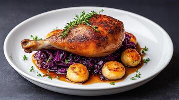 Traditional roasted goose leg with crispy skin, served with red cabbage and potato dumplings, all on a gradient background blending from deep burgundy to warm amber photo