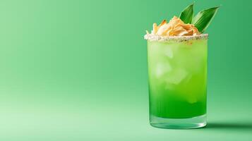 Tropical pandan and coconut rum cocktail with a vibrant green hue, served with a toasted coconut rim, against a gradient background fading from emerald green to soft cream photo