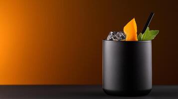 Unique smoky mezcal cocktail with activated charcoal, lime, and agave, served in a matte black glass with an orange peel garnish, against a gradient background from deep charcoal to amber photo