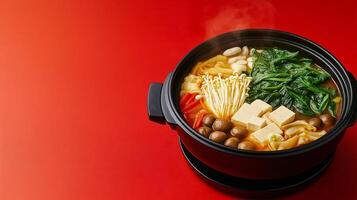 Traditional autumn hot pot with a rich broth, leafy greens, mushrooms, tofu, and thinly sliced meats, steaming against a gradient background from deep red to golden yellow photo