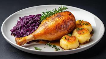 Traditional roasted goose leg with crispy skin, served with red cabbage and potato dumplings, all on a gradient background blending from deep burgundy to warm amber photo