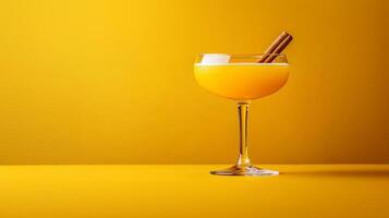 Unusual turmeric and ginger cocktail with mezcal and honey, bright yellow with a cinnamon stick garnish, set against a gradient background from deep mustard yellow to warm brown photo