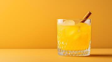 Unusual turmeric and ginger cocktail with mezcal and honey, bright yellow with a cinnamon stick garnish, set against a gradient background from deep mustard yellow to warm brown photo