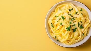 Vibrant pasta dish with creamy Alfredo sauce, fettuccine, and fresh parsley, presented in the lower half of the frame with empty space above for text, warm gradient background photo