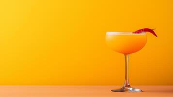Vibrant cocktail with passionfruit, chili infused tequila, and honey, served in a sleek glass with a red chili garnish, striking colors on a gradient background from fiery red to golden yellow photo