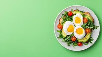 Vibrant plate of avocado toast with poached eggs, cherry tomatoes, and arugula, plated on one side with open space for text, soft gradient background from light green to white photo