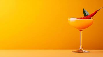 Vibrant cocktail with passionfruit, chili infused tequila, and honey, served in a sleek glass with a red chili garnish, striking colors on a gradient background from fiery red to golden yellow photo