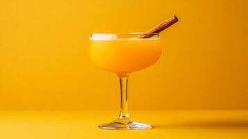 Unusual turmeric and ginger cocktail with mezcal and honey, bright yellow with a cinnamon stick garnish, set against a gradient background from deep mustard yellow to warm brown photo