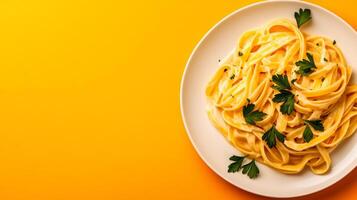 Vibrant pasta dish with creamy Alfredo sauce, fettuccine, and fresh parsley, presented in the lower half of the frame with empty space above for text, warm gradient background photo