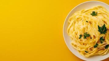 Vibrant pasta dish with creamy Alfredo sauce, fettuccine, and fresh parsley, presented in the lower half of the frame with empty space above for text, warm gradient background photo
