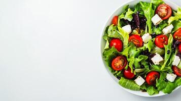 Vibrant salad with mixed greens, cherry tomatoes, feta cheese, and balsamic glaze, plated on a round white dish with clear empty space for text, soft gradient background photo