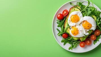 Vibrant plate of avocado toast with poached eggs, cherry tomatoes, and arugula, plated on one side with open space for text, soft gradient background from light green to white photo
