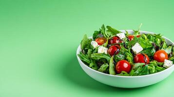 Vibrant salad with mixed greens, cherry tomatoes, feta cheese, and balsamic glaze, plated on a round white dish with clear empty space for text, soft gradient background photo
