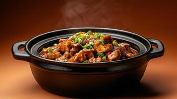 Vietnamese autumn dish of caramelized claypot fish with ginger and green onions, served with warm rice, set on a gradient background fading from deep orange to brown photo