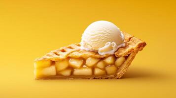 Warm apple pie slice with cinnamon and flaky crust, topped with vanilla ice cream melting slightly, set on a gradient background blending from golden yellow to deep cinnamon brown photo