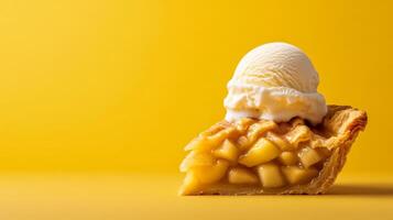 Warm apple pie slice with cinnamon and flaky crust, topped with vanilla ice cream melting slightly, set on a gradient background blending from golden yellow to deep cinnamon brown photo