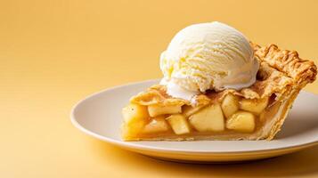 Warm apple pie slice with cinnamon and flaky crust, topped with vanilla ice cream melting slightly, set on a gradient background blending from golden yellow to deep cinnamon brown photo