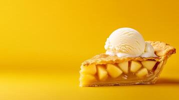 Warm apple pie slice with cinnamon and flaky crust, topped with vanilla ice cream melting slightly, set on a gradient background blending from golden yellow to deep cinnamon brown photo